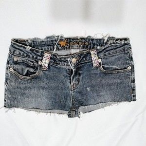 Handcrafted Wet Seal Women's Rainbow Embellished Jean Booty Shorts SZ 9